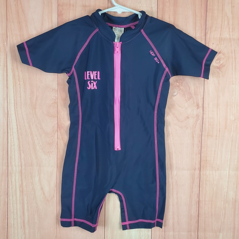 Level Six Aurora Girls Swimsuit 3T Navy UPF 50+ Polyamide Short Sleeve Full Zip